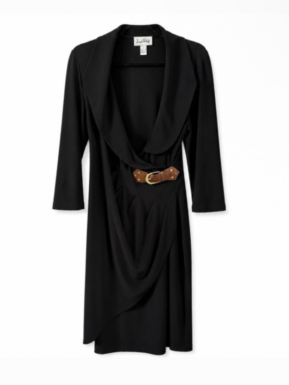 JOSEPH RIBKOFF Black Belted Faux Wrap Midi Dress Sz 12 Quiet Luxury Equestrian